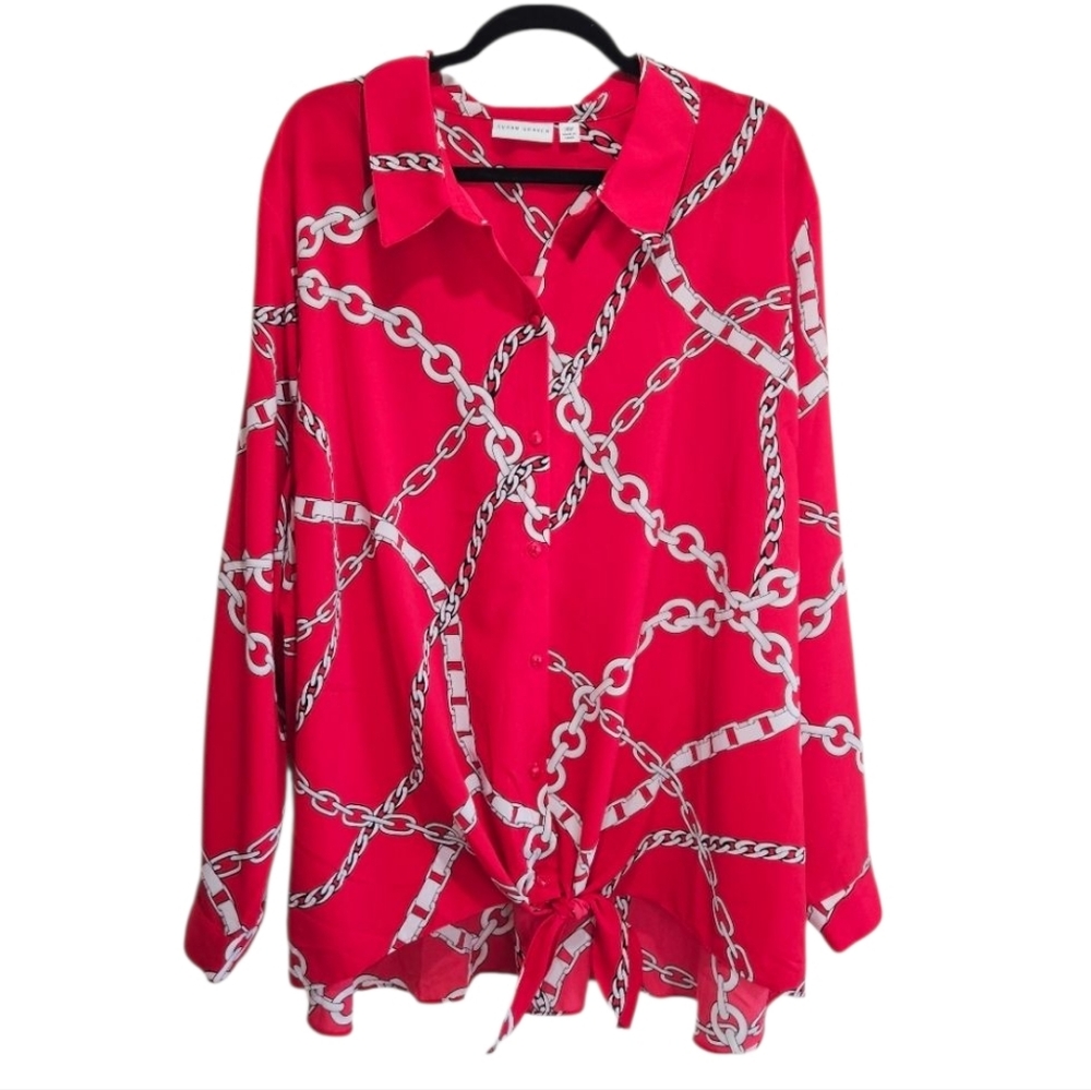 Susan Graver Women's Plus Size 28W Red Blouse Chains Old Money Equestrian